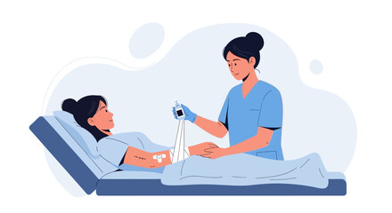 Obraz premium Nurse Examining Patient's Arm with Medical Device in Hospital Bed