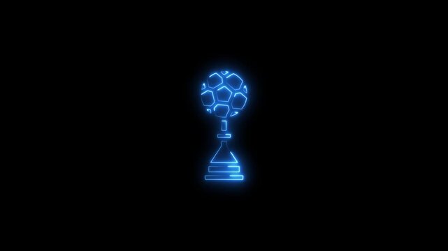 A striking blue neon illustration of a soccer trophy with a football-shaped top, glowing against a black background.4k video 