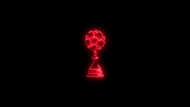 A striking blue neon illustration of a soccer trophy with a football-shaped top, glowing against a black background.4k video 