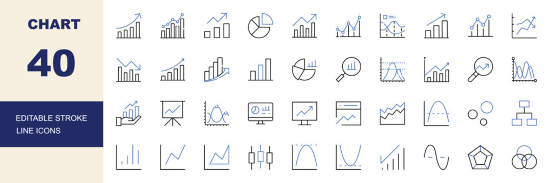 Charts, Data Analytics and Financial Graph Line Icons Set Editable Stroke Vector Illustration