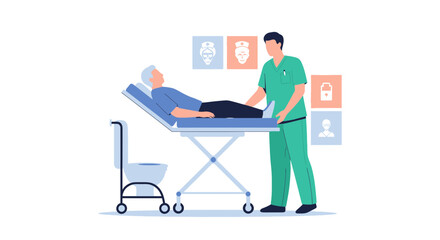 Fototapeta premium Doctor and Patient on Stretcher in Hospital with Medical Icons