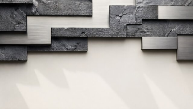 Abstract geometric dark stone tile wall block assembly against plain background