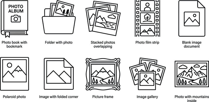 Professional photo management and gallery icons with detailed labels for albums folders and picture frames.