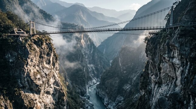 Suspension bridge spanning a deep misty mountain canyon in Taiwan - 342