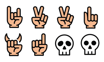 Obraz premium Hand gesture and skull icon set, rock music symbols, heavy metal signs, edgy concert and band design elements vector