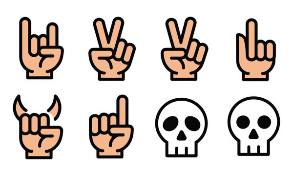 Hand gesture and skull icon set, rock music symbols, heavy metal signs, edgy concert and band design elements vector