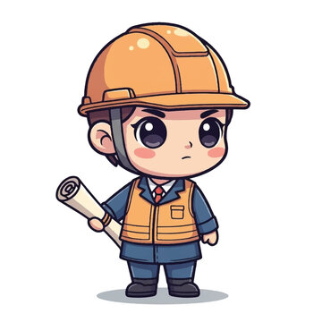 Cartoon construction worker with blueprint.