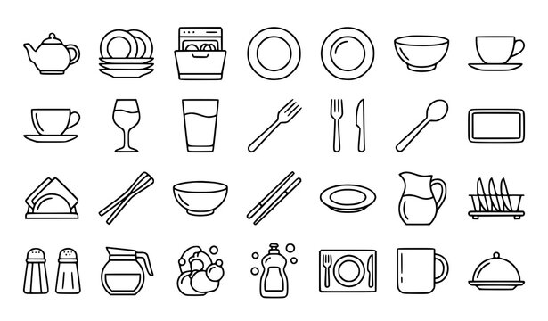 Black line icons of kitchen tableware and dishware