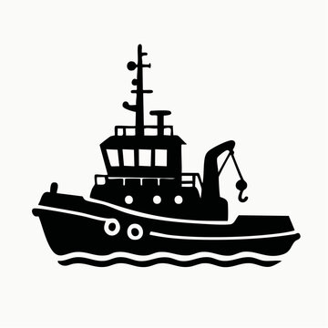 Professional black and white vector illustration of a sturdy tugboat featuring a strong crane hook and complex antenna array designed for marine transport industry projects in a clean minimalist style