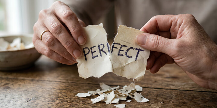 Hands tearing a paper with 'PERFECT' written on it, symbolizing imperfection, failure, breaking expectations, or letting go of an ideal.