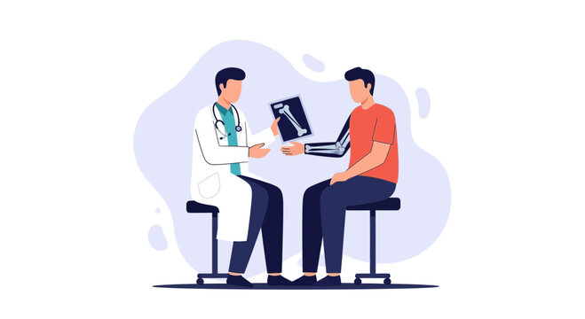 Doctor Consults Patient Showing X-ray of Arm Bones, Medical Diagnosis and Healthcare Concept