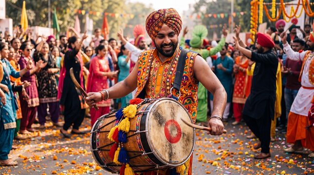 Happy Punjabi man playing dhol drum at a traditional Baisakhi festival
