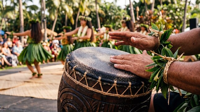 Hands playing traditional Hawaiian pahu drum at a hula dance luau show