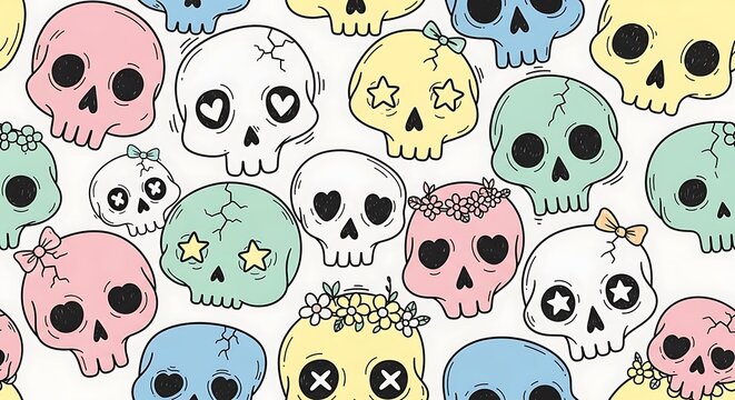 Colorful cartoon skulls seamless pattern with floral and heart accents