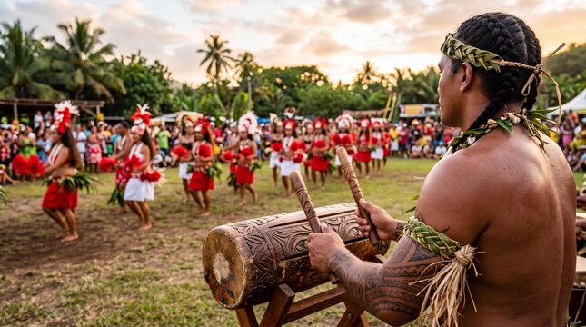 Polynesian drummer playing toere drum at traditional Tahitian Heiva festival