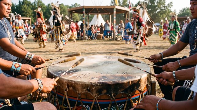 Indigenous drum circle performing traditional drumming at a cultural powwow.