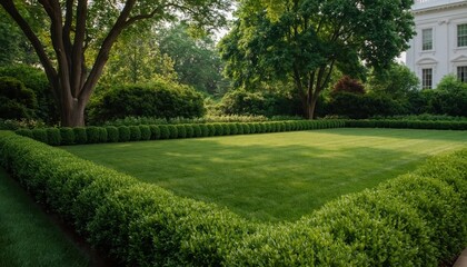 Fototapeta premium Garden at the white house in washington dc with green lawn and trimmed hedge landscape
