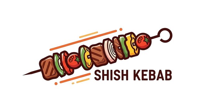 Colorful grilled shish kebab skewer with assorted vegetables and meat illustration