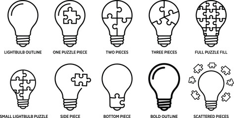 Set of black line lightbulb icons featuring jigsaw puzzle pieces representing creativity and problem solving. © Emongrapic