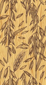 Hand-drawn vintage oat stalks dance on warm, textured wood. Golden hues evoke autumn harvests.