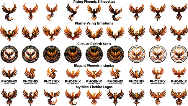 Premium Phoenix Logo Collection with Rising Firebird Silhouettes, Flame Wing Emblems, Rebirth Seals and Luxury Mythical Branding Symbols