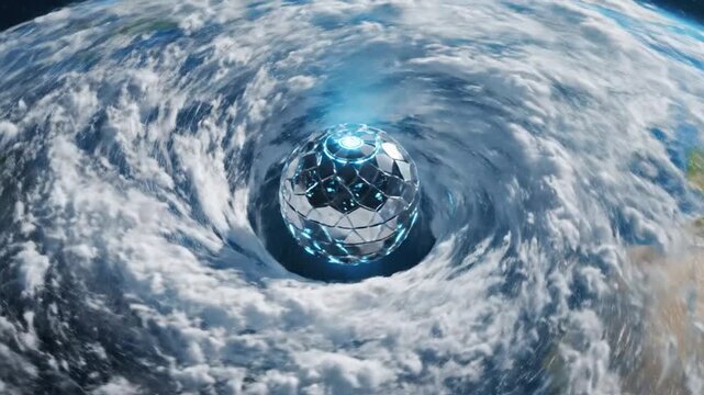 Satellite structure orbits above a massive swirling cloud formation in the Earth's upper atmosphere.