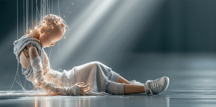 Surreal scene of female android dancer amid luminous fiber and reflective surface