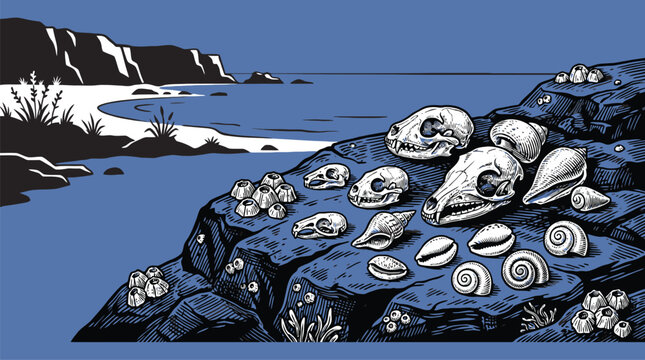 Seaside rock covered with seashells and pebbles vector illustration.