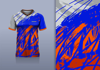 T-shirt mockup abstract splash texture grunge sport jersey design for football, soccer, racing, esports, running, silver orange blue color © Nimpuna O