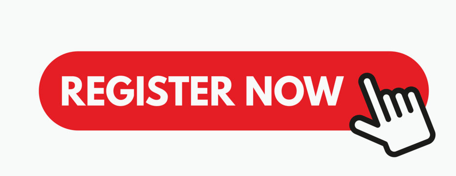 Red register now button with a pointing hand illustration for website design
