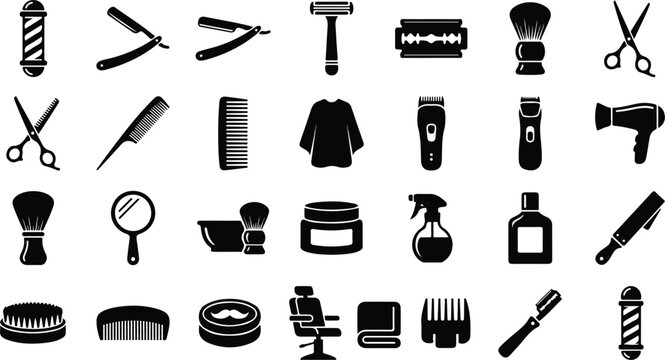 Professional barbershop and men grooming tool icon set