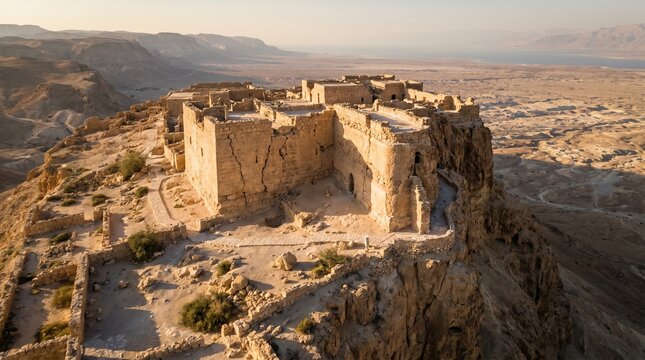 Aerial View of Ancient Stone Fortress Ruins atop a Desert Plateau at Sunset 353