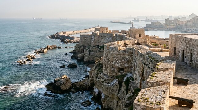 Historic stone fortress walls overlooking the Mediterranean sea in Sidon Lebanon