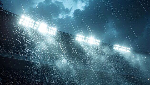 Rainy Night Stadium Lights with Heavy Downpour and Mist.