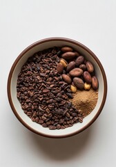 Fototapeta premium Rich cacao nibs, whole beans, and powder blend in a textured bowl, a natural ode to chocolate's origins.