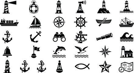 Maritime nautical icons set with lighthouses anchors and ships © Lunatix Studio