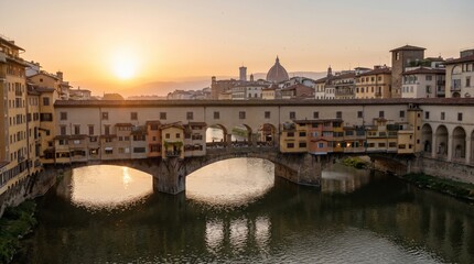 Obraz premium Sunset View of an Iconic Medieval Stone Bridge over an Urban River in Italy 376