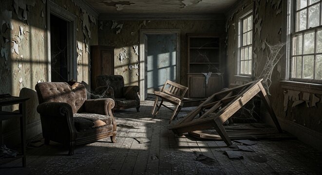 Ethereal light bathes a forgotten room, dust motes dance on decaying furniture.