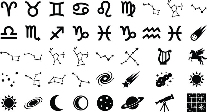Astrology zodiac signs constellations and astronomy icons set