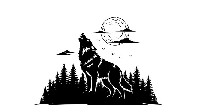 Silhouette of a wolf howling at the moon.