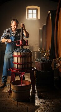 Vineyard Tradition: Man Crushes Grapes by Hand, Rich Reds Flowing in Rustic Cellar