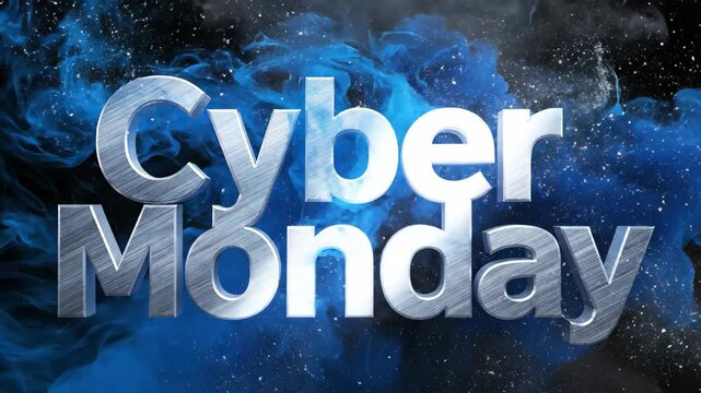Metallic Cyber Monday text floating in blue smoke. 3d typography banner for digital retail event. Online shopping promotion with abstract cloud background element.