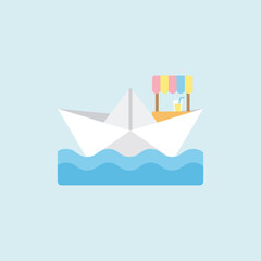 Fototapeta premium A paper boat carries a small refreshment stand on water