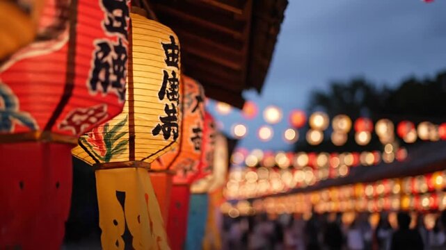 Close up of traditional illuminated Japanese paper lanterns at night.