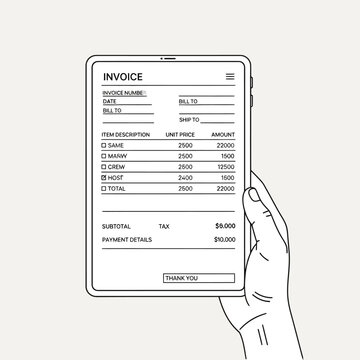 Hand holding tablet displaying digital invoice document.