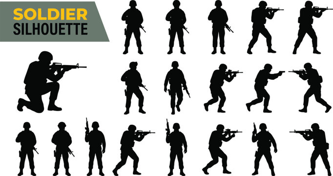 Set of soldier silhouettes in various poses and actions with rifles