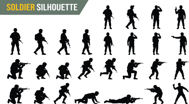 Set of soldier silhouettes in various poses and actions
