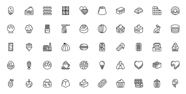 Chocolate icon set. Sweet treats vector pack. Minimal line art icons. Featuring cake, ice cream, donut, macaroon, cupcake, cocoa bean, strawberry, chocolate bar, and more. Editable stroke.