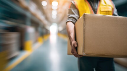 Obraz premium Worker carrying cardboard box in warehouse