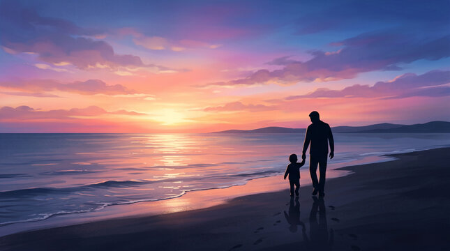 father and son walking on the beach